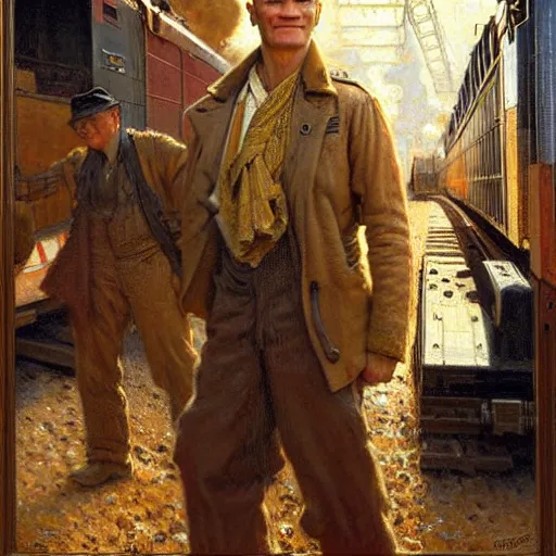 Image similar to neil patrick harris is a railroad worker, painting by gaston bussiere, craig mullins, j. c. leyendecker, tom of finland