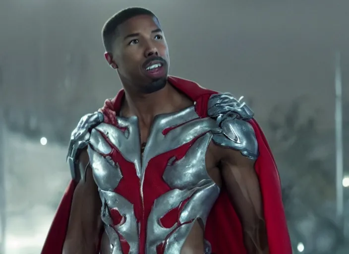 Image similar to film still of michael b jordan as spawn in the new spawn movie, giant chains, large cape, 8 k