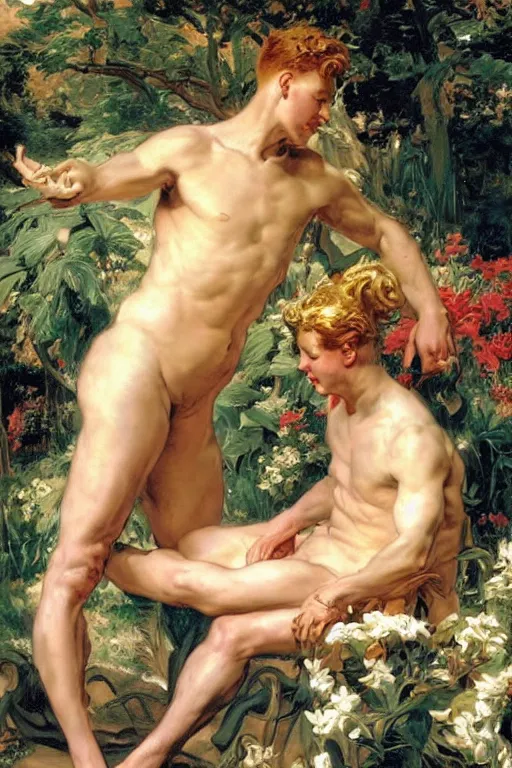 Prompt: the God Pan, golden hour, in a garden, artstation, by J. C. Leyendecker and Peter Paul Rubens,