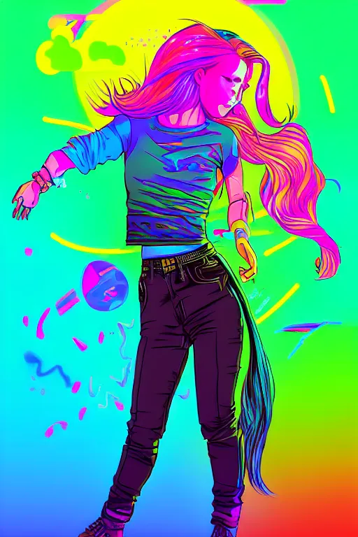 Image similar to a award winning half body portrait of a beautiful woman with stunning eyes in a croptop and cargo pants with rainbow colored ombre hairstyle head in motion and hair flying by josan gonzales, neon outlines, outrun, vaporware, shaded flat illustration, digital art, trending on artstation, highly detailed, fine detail, intricate