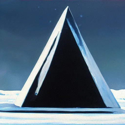 Prompt: oil painting of several obsidian black pyramids floating in the distance snowstorm vhs footage