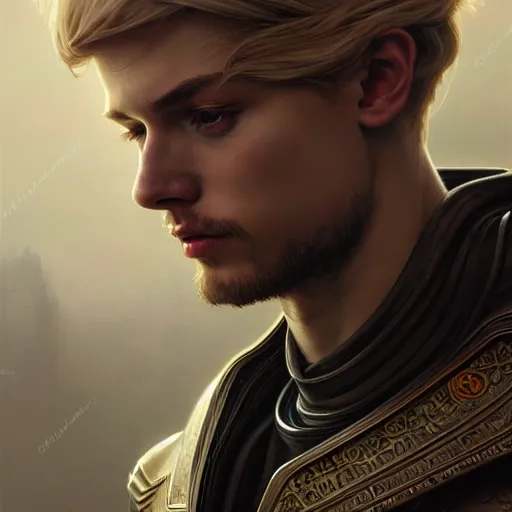 Image similar to portrait painting of a young melancholic man with a soft face and short light blonde hair wearing armor, ultra realistic, concept art, intricate details, eerie, highly detailed, photorealistic, octane render, 8 k, unreal engine. art by artgerm and greg rutkowski and charlie bowater and magali villeneuve and alphonse mucha