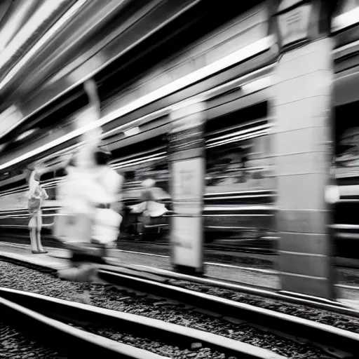 Prompt: of an octopus invading a train station, people are running away scared, shutter speed is 8 0,