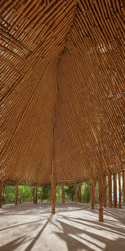 Image similar to inside small pavilion made of bamboo. complex vaulting structure with many thin columns. architectural photography. coronarender, 4 k, 8 k. volumetric lighting.