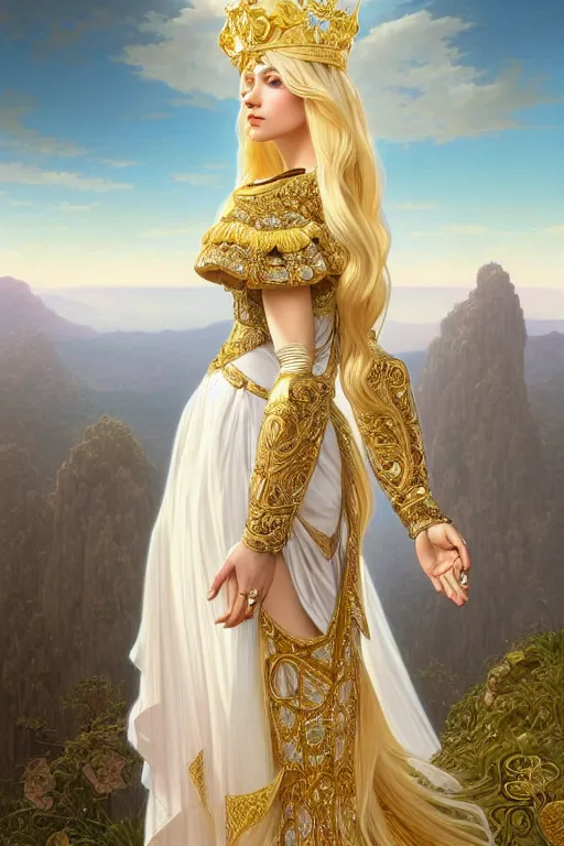 Image similar to portrait of a humanoid princess with long blonde hair, standing next to a beautiful view, ornate white officers outfit with gold embellishments, intricate, elegant, highly detailed, digital painting, artstation, concept art, smooth, sharp focus, illustration, art by artgerm and greg rutkowski and alphonse mucha, 8 k