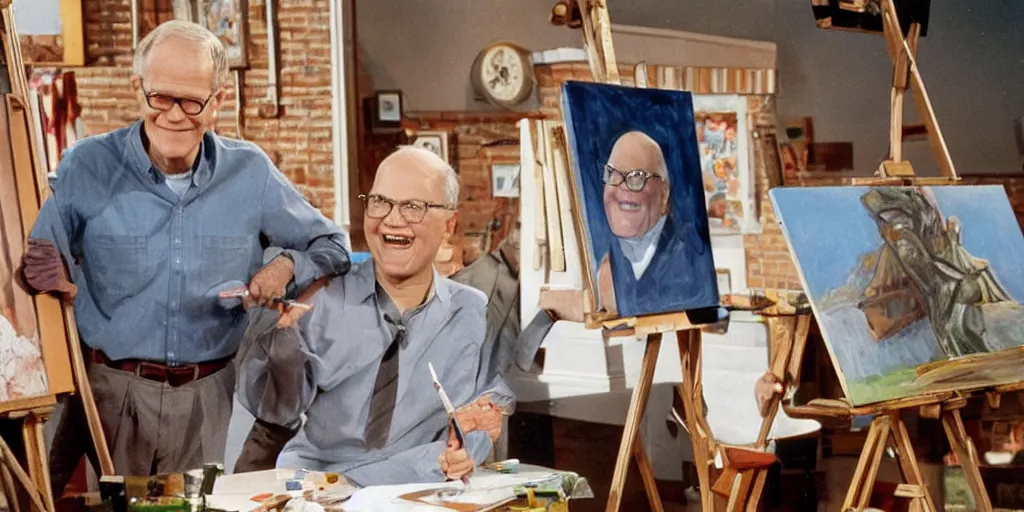 Image similar to david letterman, stands at a his easel, painting calvert grant deforest, aka larry bud melman