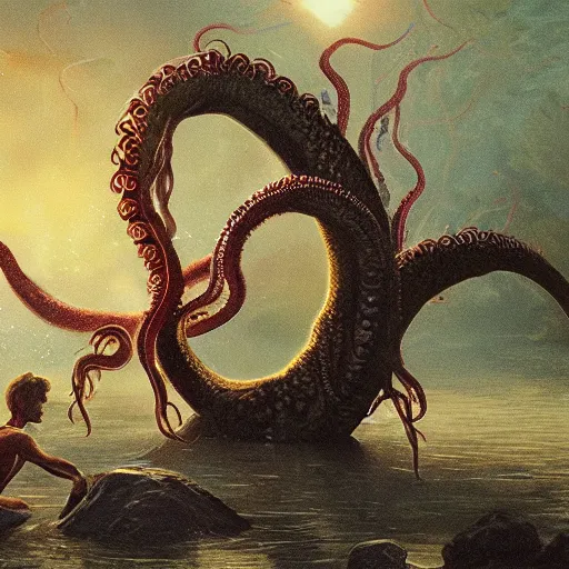 Image similar to a cinematic painting of alien tentacles emerging from the water of a river, a single godly like figure stands on the riverbed watching, fire blowing the leaves from the trees