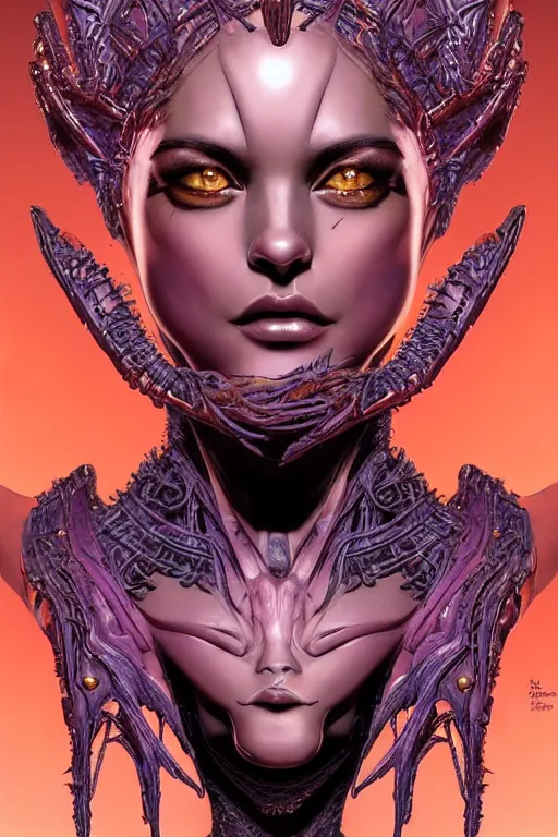 Image similar to a beautiful exotic other-worldly alien queen bust portrait, with confident twinkling eyes, extremely detailed frontal declotage and thick flowing hair, perfectly symmetrical facial features and muscle anatomy, ultradetailed art and illustration, aquiline facial features and primordial beauty, by bill sienkiewicz and chris bachalo and travis charest, fantasy, intricate complexity, asian and native american facial structure, accurate human anatomy mixed with hyper-evolved alien characteristics, sci-fi character concept, mixed media, splatter, bleed, hyperrealism 8k