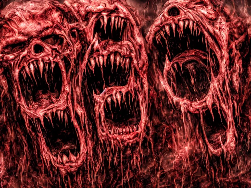 Prompt: twisted demonic creatures screaming, sun dripping blood, horror, grotesque, monstrosity, accursed, insanity, nightmare, High Definition detail, 8K