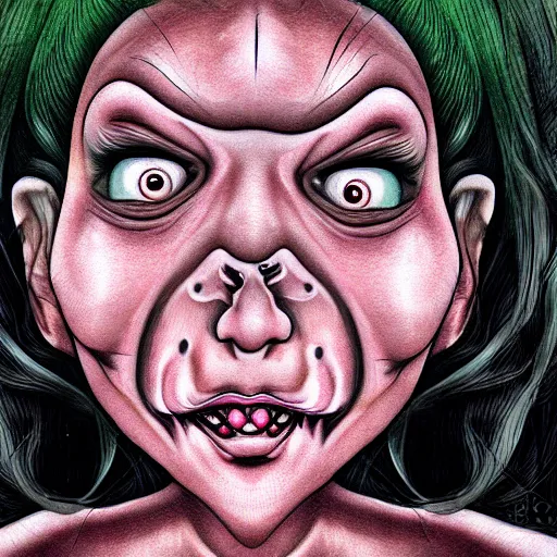 Image similar to a distorted and disfigured woman, in the style of junji ito