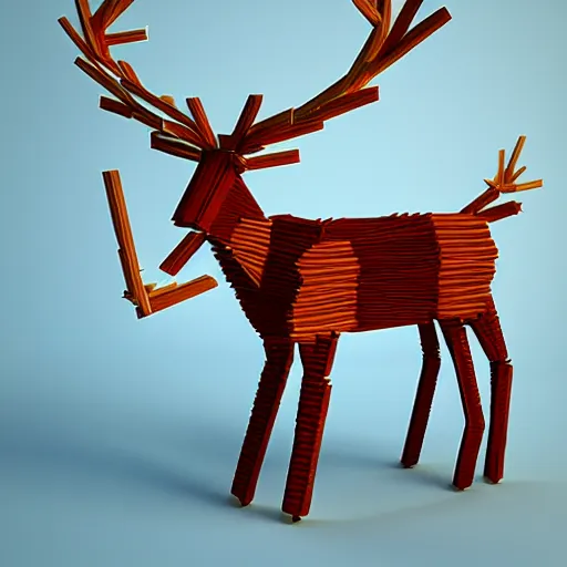 Image similar to detailed reindeer made from match sticks like lowpoly wooden machine, by theo jansen, cgsociety