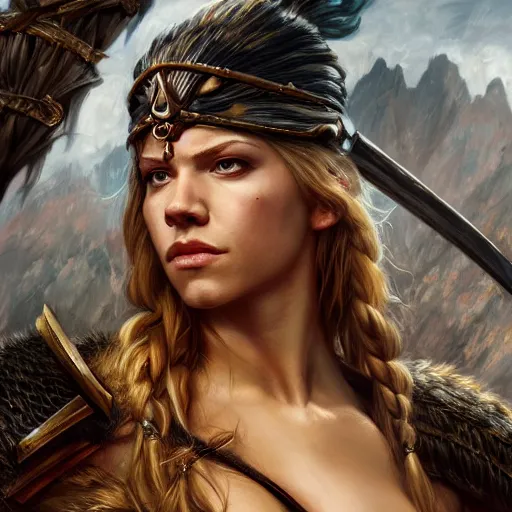 Image similar to a portrait of katheryn winnick as a barbarian, detailed, centered, digital painting, artstation, concept art, donato giancola, Joseph Christian Leyendecker, WLOP, Boris Vallejo, Breathtaking, 8k resolution, extremely detailed, beautiful, establishing shot, artistic, hyperrealistic, beautiful face, octane render