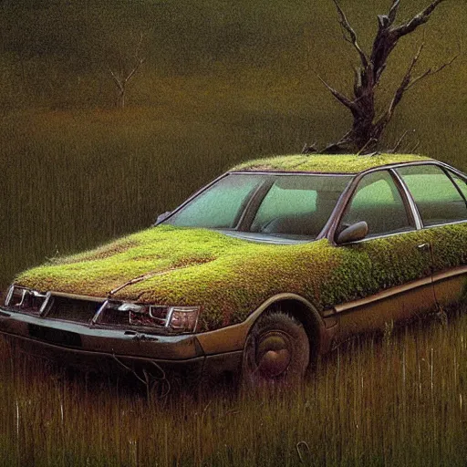 Prompt: hyper realistic painting of an abandoned holden commodore covered with moss, an Australian summer landscape, by Zdzislaw Beksinski