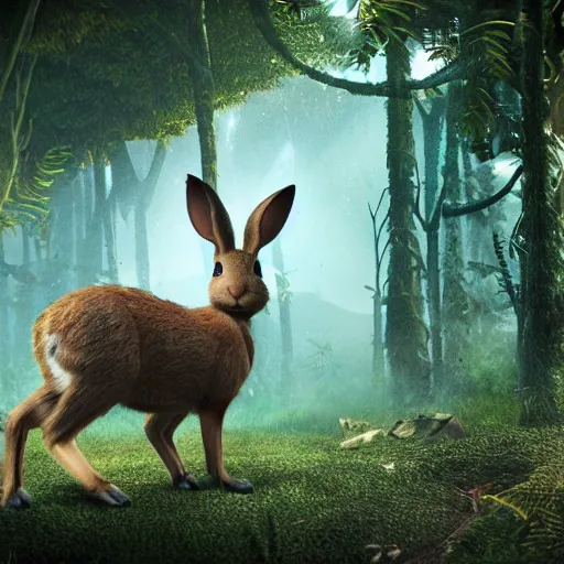 Prompt: a rabbit-deer hybrid from the future in a luxuriant jungle, highly detailed, octane render