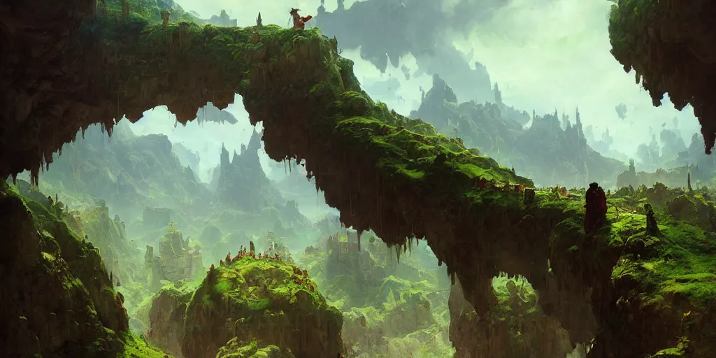 Image similar to towns, villages castles, buildings bytopia planescape huge cave ceiling clouds made of green earth inverted upsidedown mountain artstation illustration sharp focus sunlit vista painted by ruan jia raymond swanland lawrence alma tadema zdzislaw beksinski norman rockwell tom lovell alex malveda greg staples