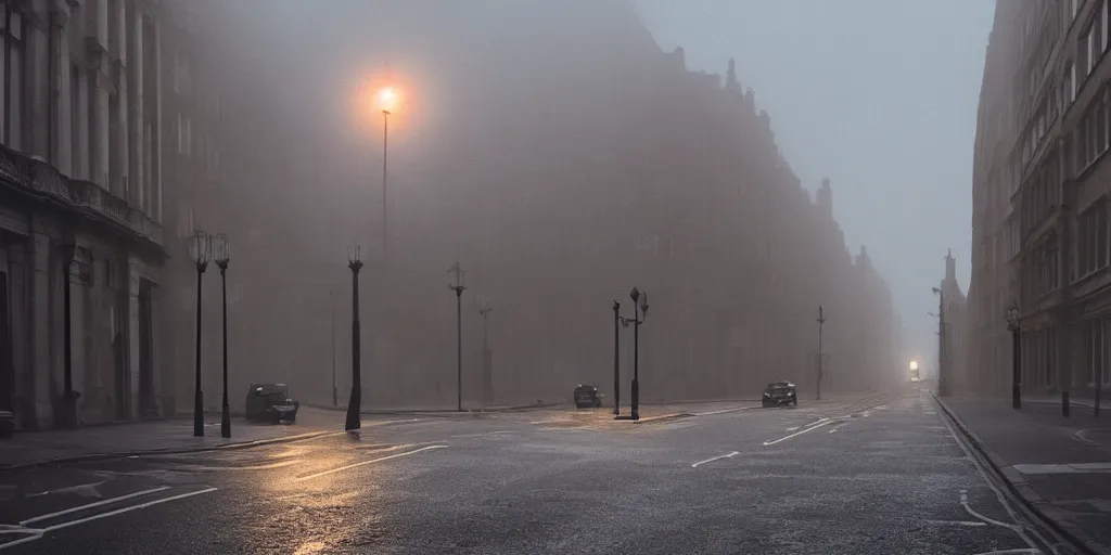 Prompt: parked car on deserted london street 1960, fog, rain, volumetric lighting, beautiful, golden hour, sharp focus, ultra detailed, cgsociety