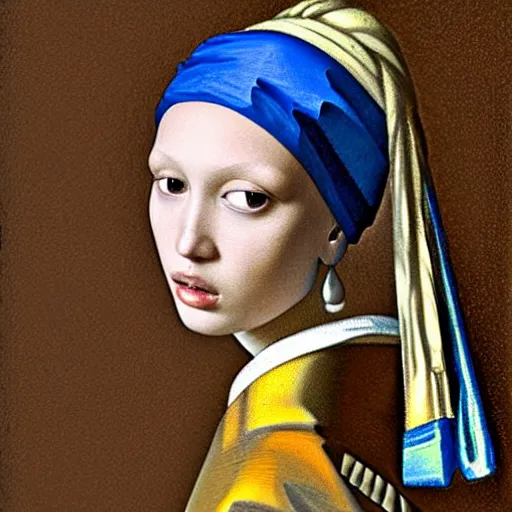 Prompt: bella hadid with a pearl earring by johannes vermeer, oil on canvas, fox eye makeup