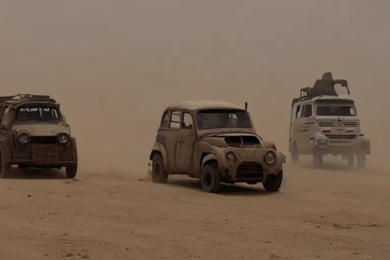 Image similar to epic sandstorm battle, Renault 4 Master cars in the Movie Mad Max: Fury Road (2015