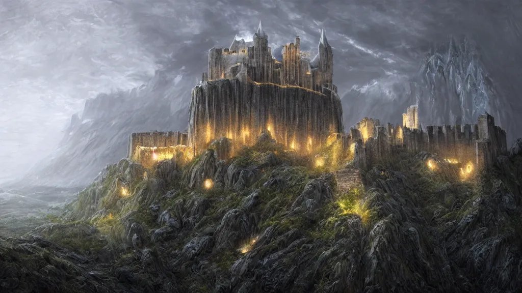 Image similar to ghostly fortress of minas morgul, minas ithil, lit by green magical powers along the fortress walls, by alan lee, michal karcz, smooth details, lord of the rings, game of thrones, smooth, detailed terrain, oil painting, trending artstation, concept art, fantasy matte painting