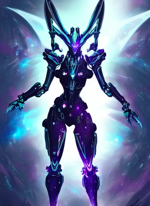 Prompt: detailed cinematic shot, cosmic sized perfectly proportioned stunning beautiful hot female warframe, robot mecha female dragon head, metal ears led eyes, silver armor, fuschia leds, floating in empty space, nebula sized, holding a galaxy, epic proportions, epic size, epic scale, furry art, dragon art, giantess art, warframe fanart, furaffinity, deviantart