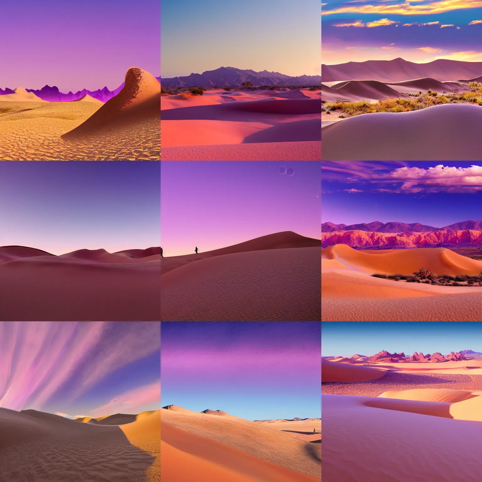Prompt: desert dunes with crystal mountains on the background, pink and purple, artistic, fantasy landscape, dramatic light, highly detailed, wide shot, photorealistic, golden hour, oasis infront, super wide shot, Camels with people