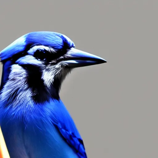 Prompt: bluejay standing next to a soda bottle