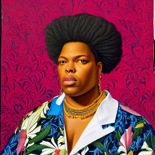 Image similar to A portrait of a thick powerful and pretty non-binary person, oil painting by Kehinde Wiley, majestic, detailed, high resolution