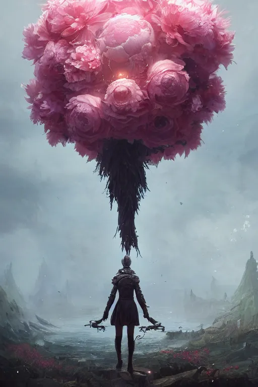 Image similar to a fancy portrait of a giant floating flower by Greg Rutkowski, Sung Choi, Mitchell Mohrhauser, Maciej Kuciara, Johnson Ting, Maxim Verehin, Peter Konig, Bloodborne , 8k photorealistic, cinematic lighting, HD, high details, atmospheric , trending on artstation