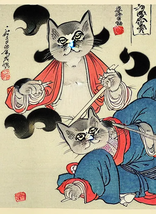 Prompt: persian cats as a yokai illustrated by kawanabe kyosai and toriyama sekien