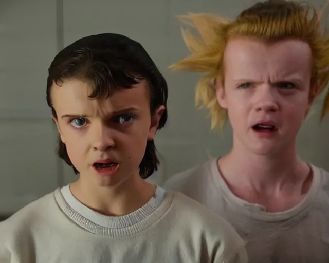 Image similar to eleven from stranger things going super saiyan