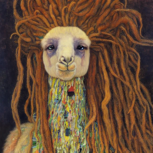 Image similar to llama with dreadlocks, in the style of gustav klimt, by mandy jurgens, ernst haeckel, james jean