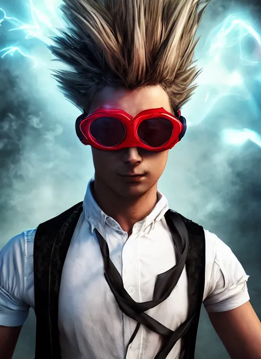 Image similar to An epic fantasy comic book style portrait painting of young man with long red spiked hair. Wearing a black waistcoat, white shirt, using googles. Rockstar. Blasting fire on his hands. Unreal 5, DAZ, hyperrealistic, octane render, cosplay, RPG portrait, dynamic lighting