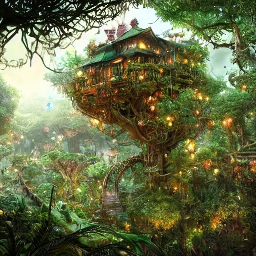 Image similar to an elaborate treehouse overgrown by bioluminescent plants, an ultrafine hyperdetailed illustration by kim jung gi, irakli nadar, intricate linework, bright colors, octopath traveler, final fantasy, unreal engine 5 highly rendered, global illumination, radiant light, detailed and intricate environment