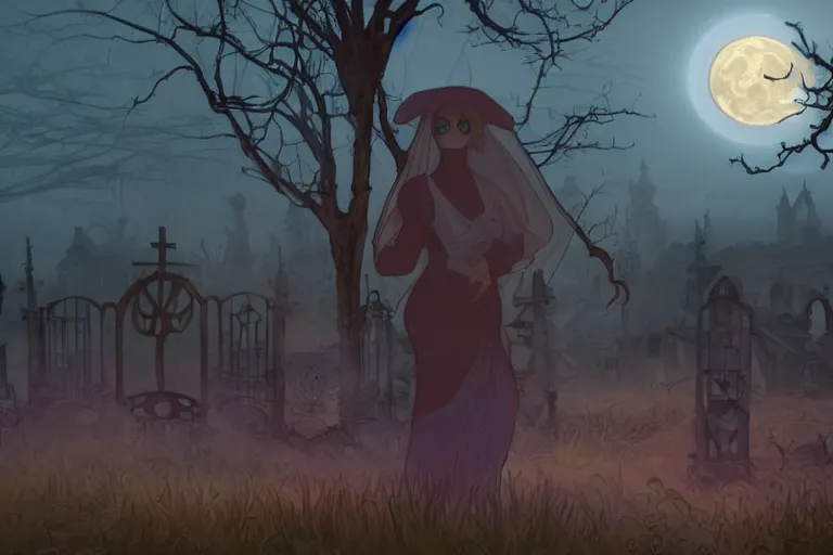 Prompt: an ultra detailed animation of a cartoon ghost in a graveyard at midnight on halloween, digital art, dark fantasy, concept art, soulslike, by alphonse mucha, blood moon eclipse, ruined building in the background, artstation, 8 k, unreal engine render