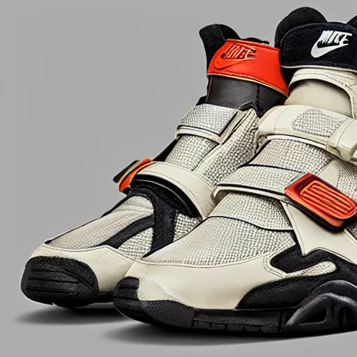 Image similar to retro futuristic Nike air trainer sneakers with straps by syd mead