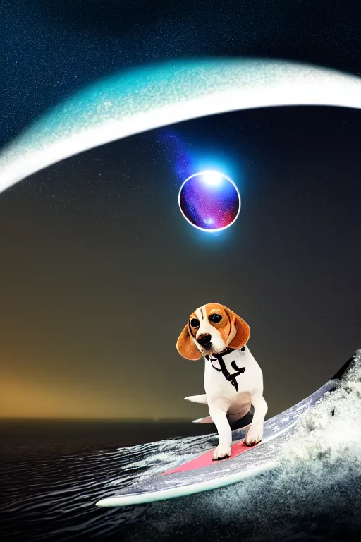 Image similar to beagle dog surfing a surfboard on a sparkly crashing wave of stardust in space, background is a moon in nebula, octane render, unreal engine, wide view, 8 k, highdetaild