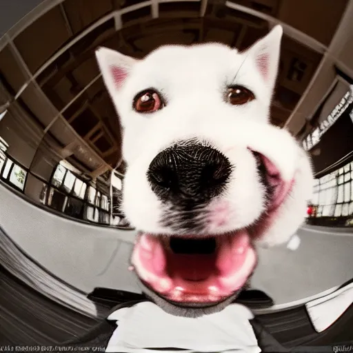 Image similar to Selfie of a dog, first-person view, fisheye lens!!!!!!, photorealistic imagery, trending on artstation, 4k, 8k