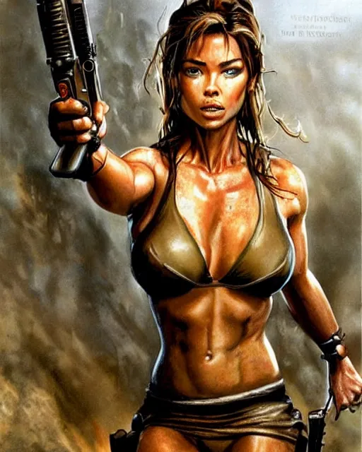 Image similar to denise richards as lara croft, fantasy art, photorealistic, simon bisley