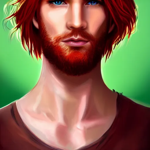 Prompt: professional digital art of a man with natural light red hair and green eyes, popular, attractive, high quality, highly detailed, hd, 4 k, 8 k,