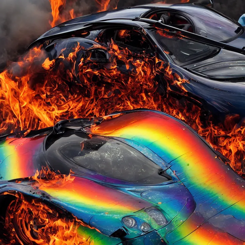 Image similar to close - up of an iridescent rainbow pagani huayra on fire after a big crash, 8 k, highly detailed, realistic, award winning, look at all that detail!