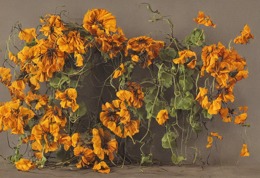 Image similar to award winning fine artwork about withered sunflowers and dry nasturtiums with vines, dark tones