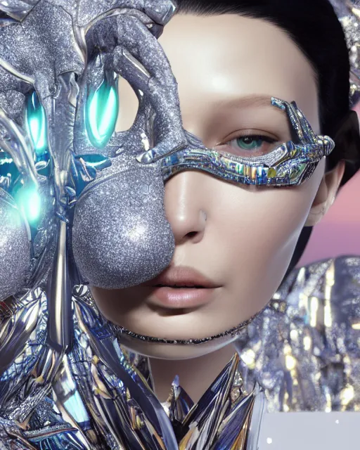 Image similar to a highly detailed metahuman 4 k close up render of an alien goddess bella hadid as alien in iris van herpen dress schiaparelli in diamonds crystals swarovski and jewelry iridescent in style of alphonse mucha gustav klimt trending on artstation made in unreal engine 4