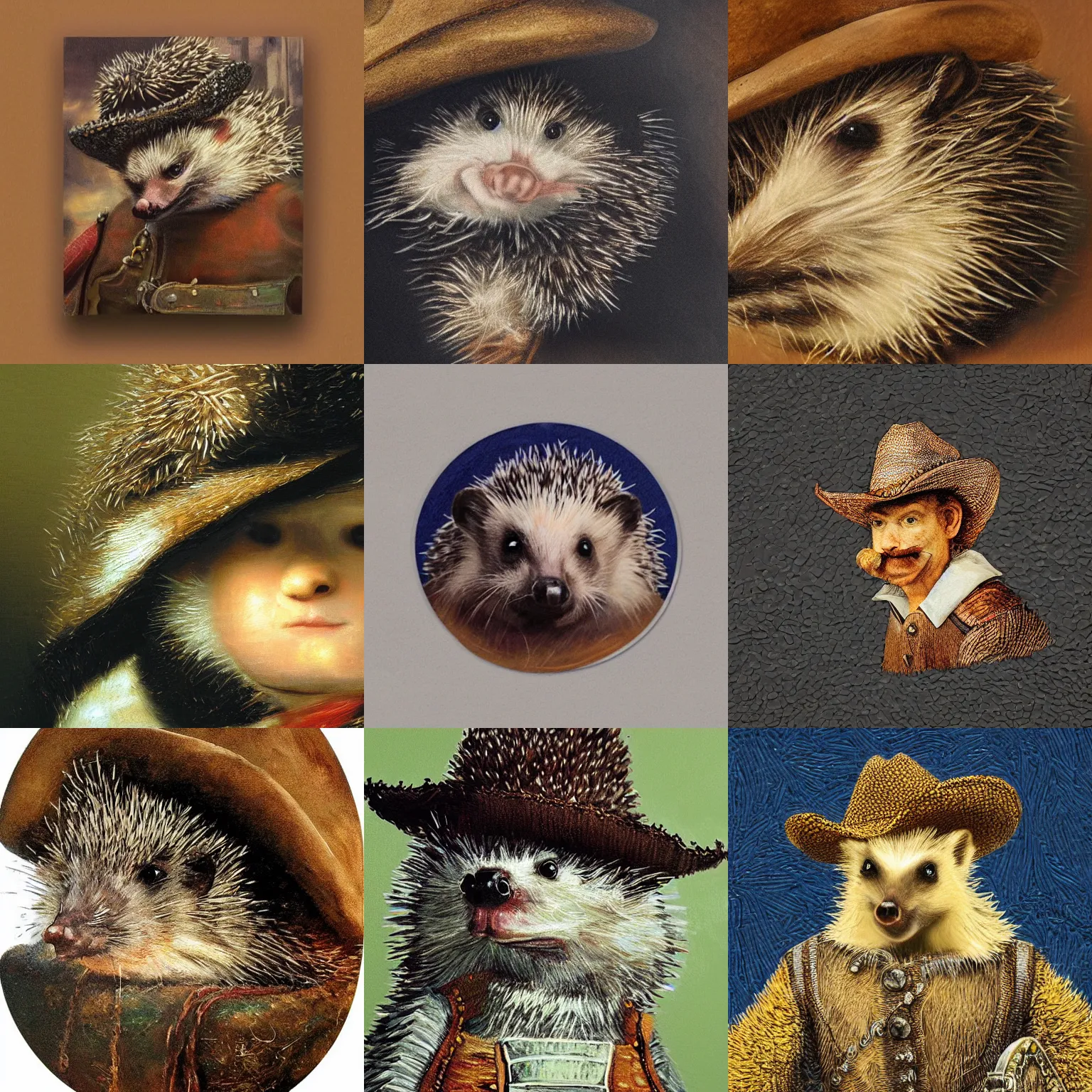 Prompt: hedgehog cowboy close up portrait, high resolution quality extremely detailed 8k intricate sticker precise sharp color heavy texture painting by rembrandt