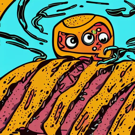 Prompt: pop - wonder - nft alien - meat half - tone - art of a angry - dad wading through the goopy - muck and slithering about the castle side delights on a melted cheesy day in a hand - drawn vector, svg, cult - classic - comic - style