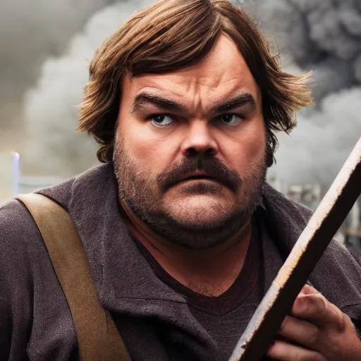 Image similar to jack black looking peaceful while escaping a raging building fire, movie still, 8 k