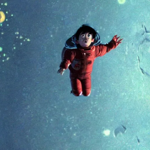 Prompt: film still of a boy floating through space reaching into an interdimensional wormhole from the film akira