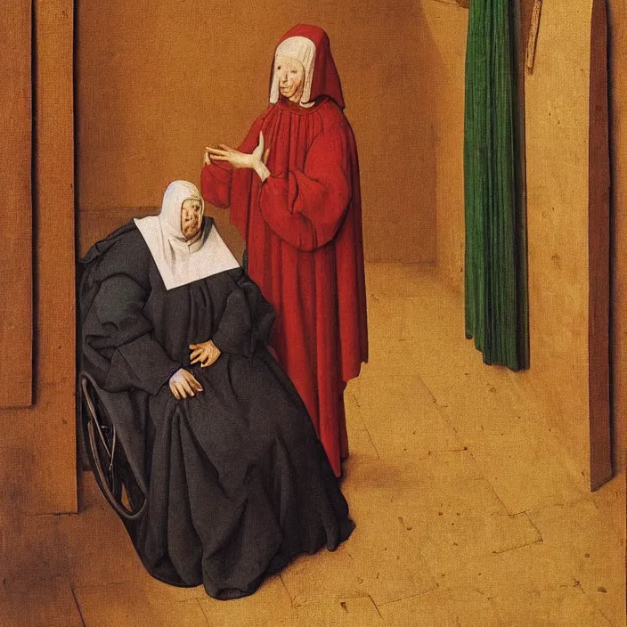 Image similar to a sad woman in a wheelchair, by Jan van Eyck