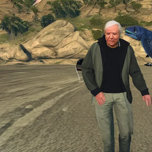 Image similar to david attenborough in grand theft auto 5