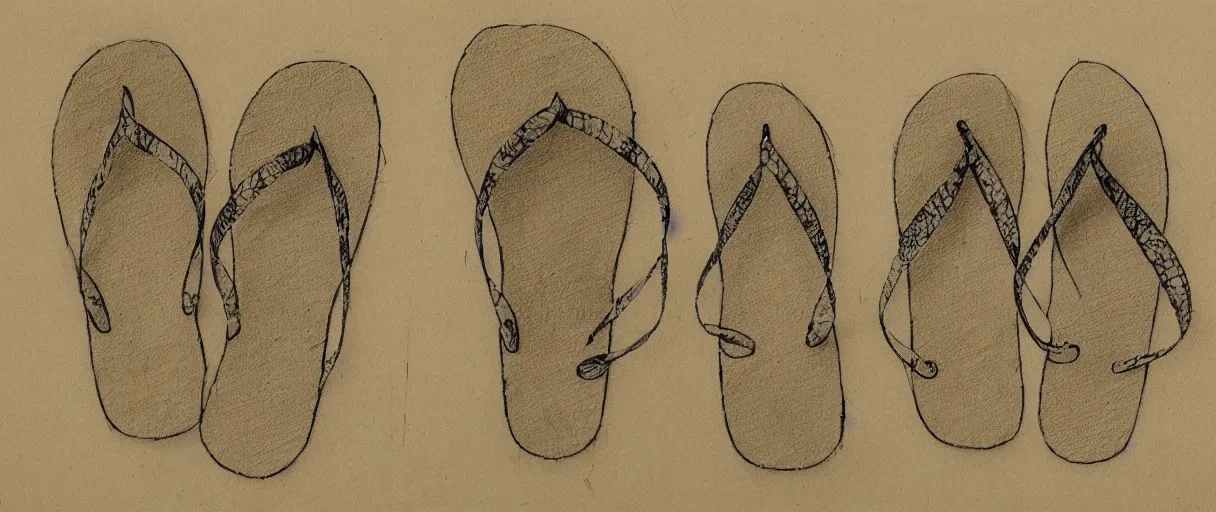 Image similar to detailed blueprint sketches of flip flops, by leonardo davinci, on yellow paper, worn, pencil, sketch