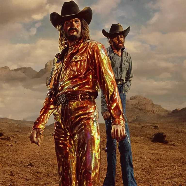 Image similar to 1 9 7 0's spaghetti western film octane render portrait by wayne barlow and carlo crivelli and glenn fabry, a person wearing a shiny colorful iridescent full - body latex suit and cowboy hat covered in colorful slime, standing in a scenic western landscape, cinema 4 d, ray traced lighting, very short depth of field, bokeh